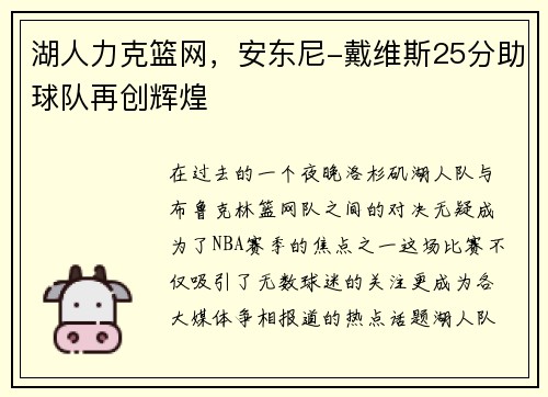 湖人力克篮网，安东尼-戴维斯25分助球队再创辉煌