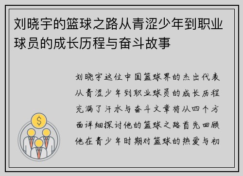 刘晓宇的篮球之路从青涩少年到职业球员的成长历程与奋斗故事