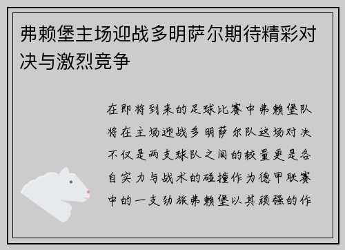 弗赖堡主场迎战多明萨尔期待精彩对决与激烈竞争